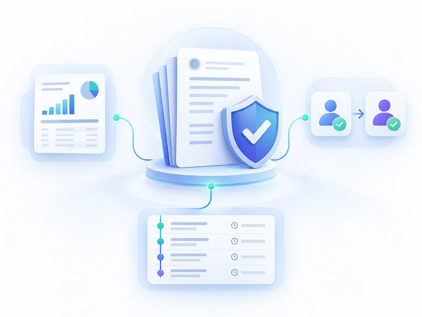 Kredible regulatory compliance illustration with verified supervisory reports, maker-checker approvals, role controls, and a timestamped audit trail.