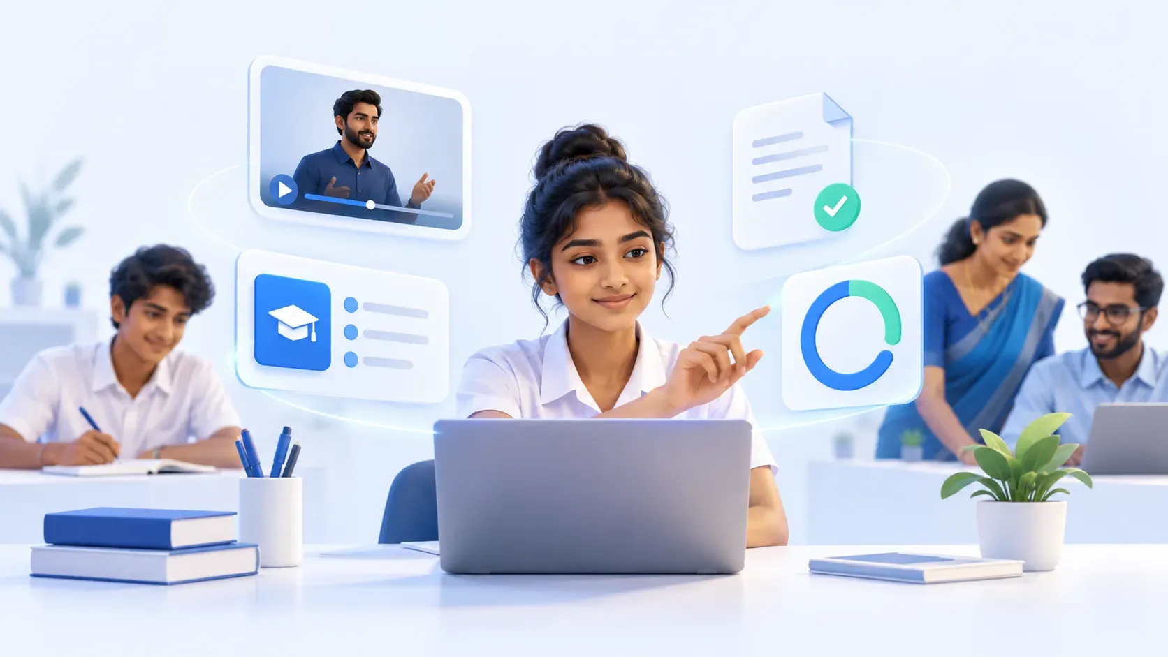 Student using a Kampus learning environment with courses, video lessons, assignments and progress tracking.