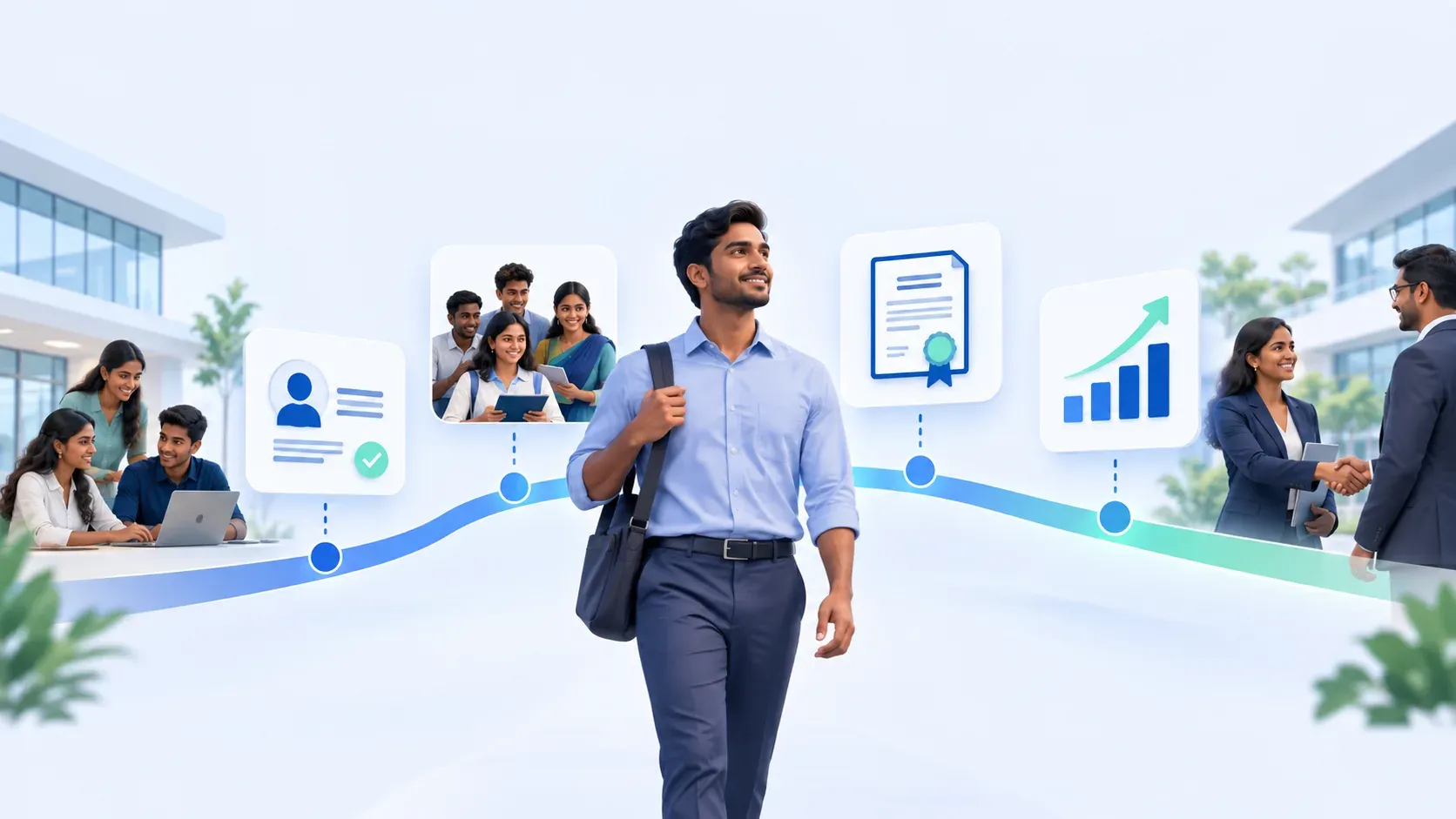 Professional learner progressing through corporate enrollment, cohort study, certification and outcome tracking.
