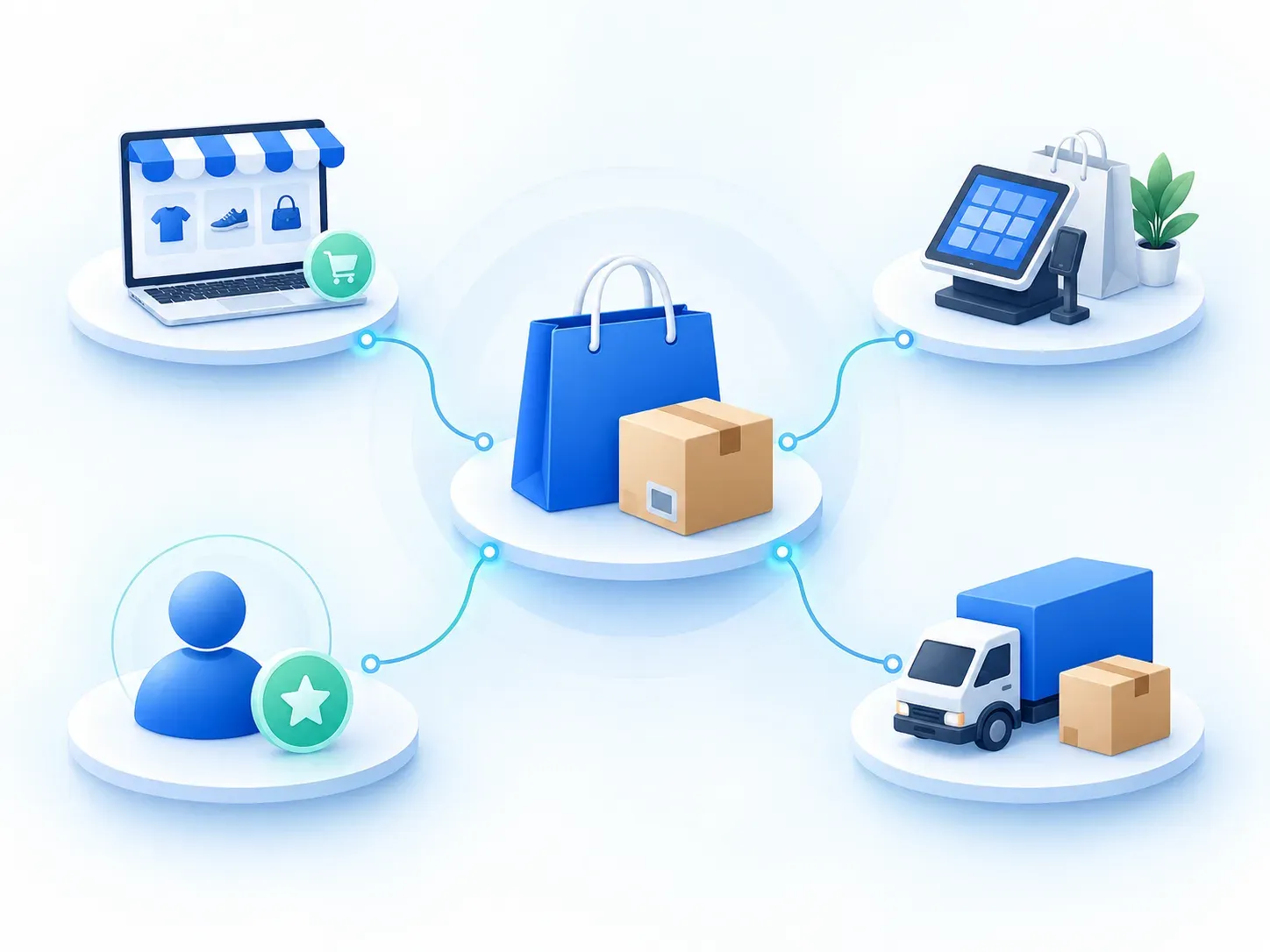 Retail technology ecosystem connecting ecommerce, POS, loyalty, inventory and delivery