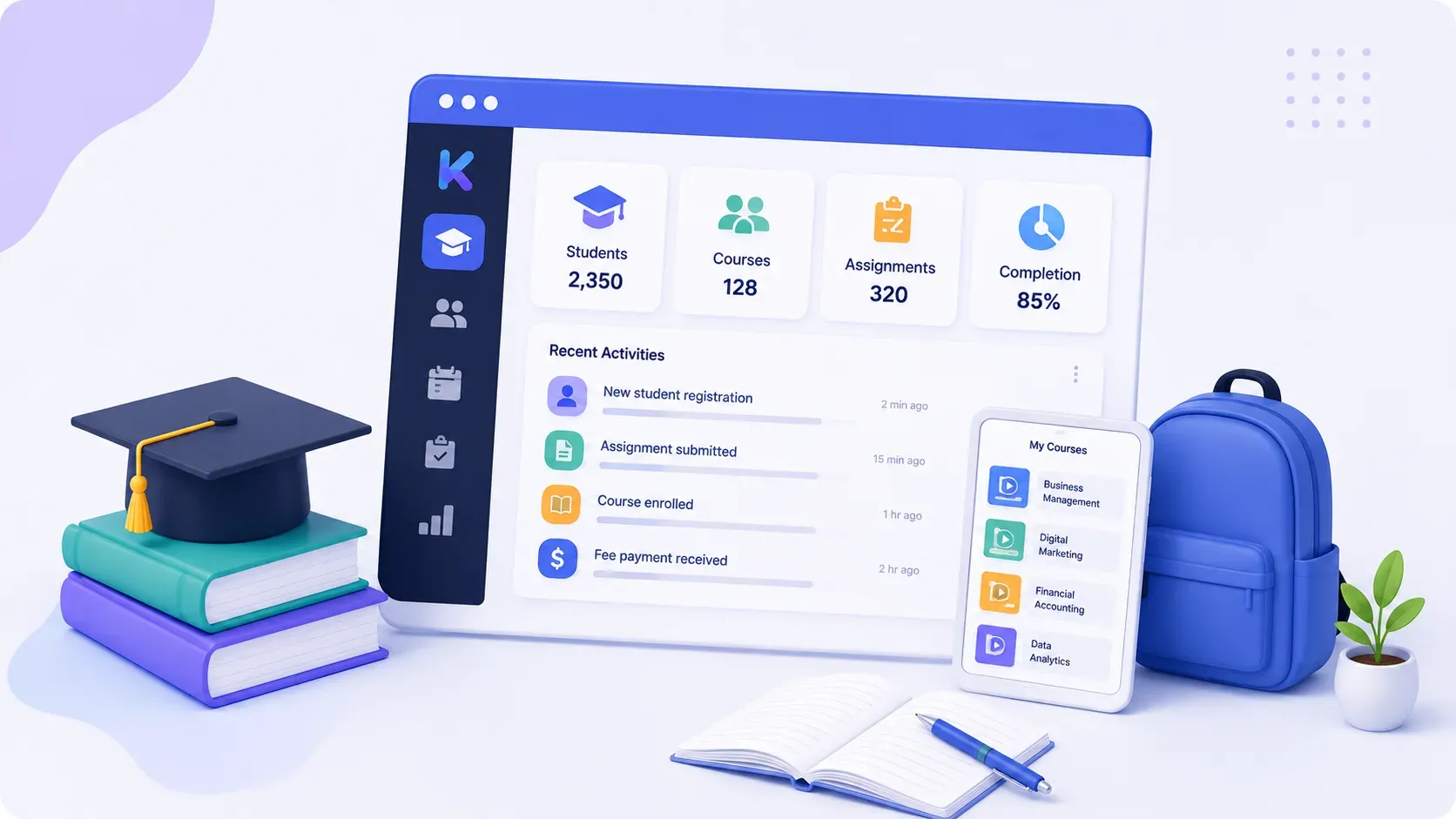 Pastel SaaS-style LMS illustration for Kampus showing student learning, courses, assignments, progress, and education activity in a cohesive 3D visual style.