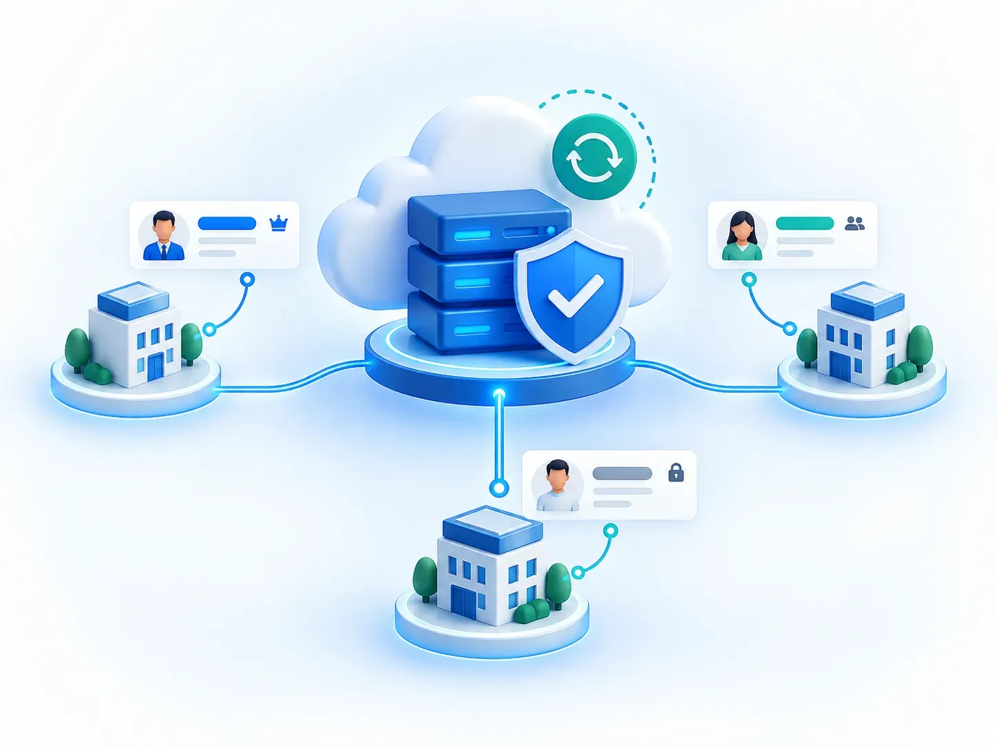 Secure cloud administration connecting multiple branches, user roles, permissions, and automatic backups in Kredible