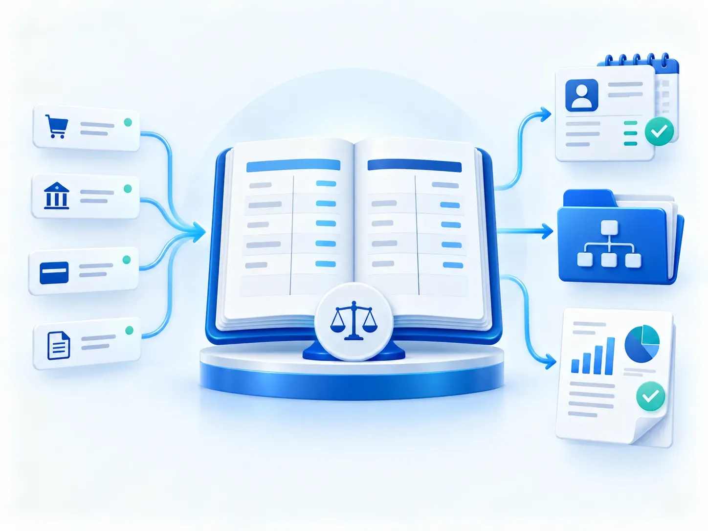 Automated transactions flowing into the Kredible accounting ledger, payroll, chart of accounts, and financial reports