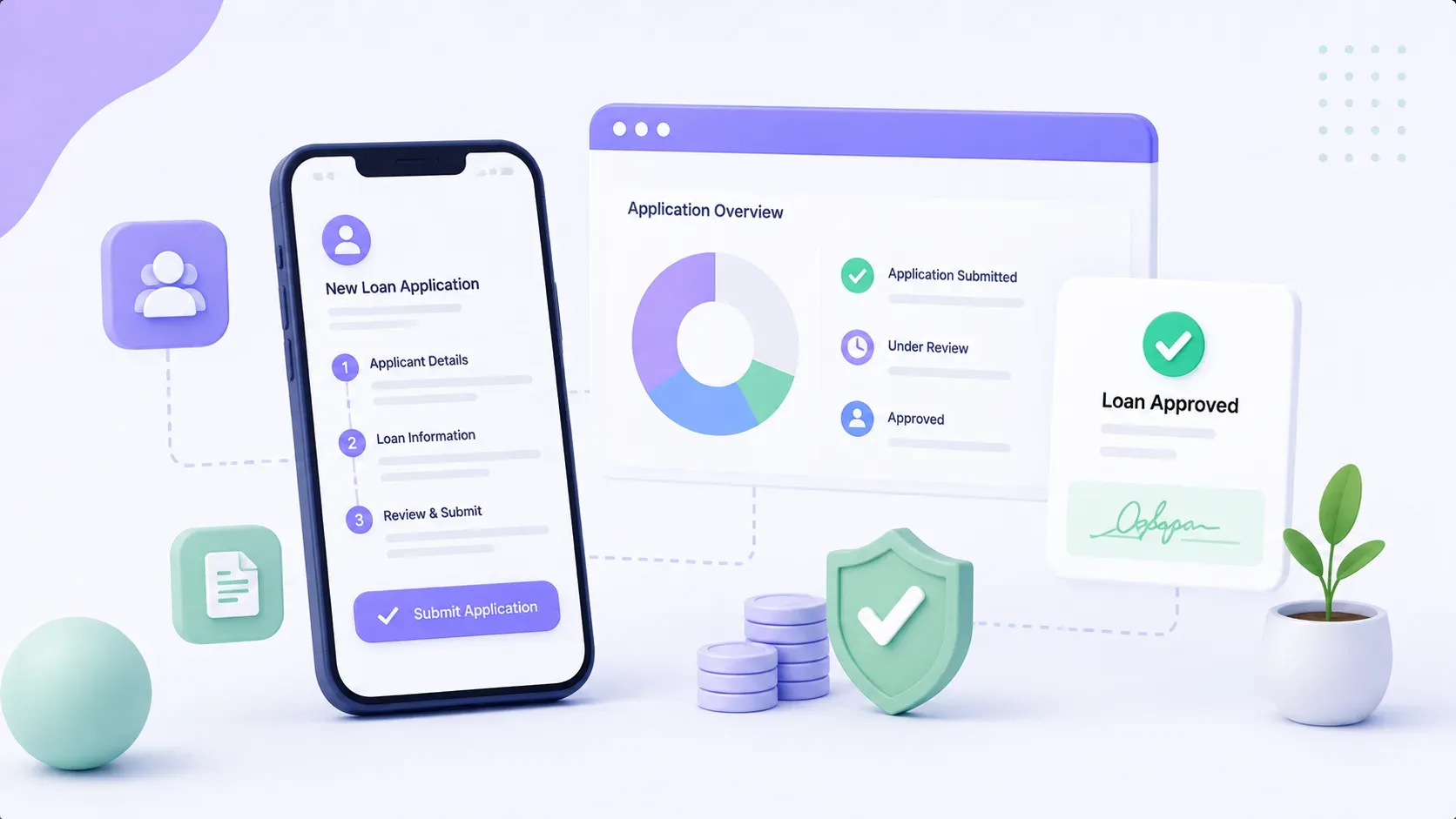 Kredible loan management workflow showing loan application, review, approval, and disbursement in a matching pastel SaaS style.