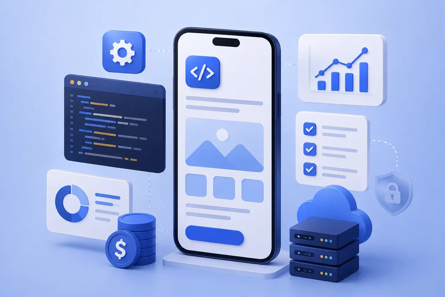 SaaS-style illustration showing mobile app development, analytics, security, cloud infrastructure and project cost factors in Sri Lanka