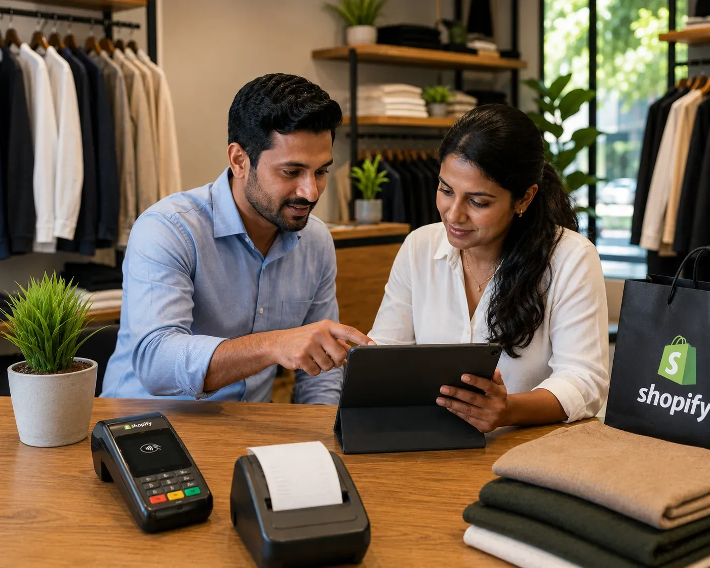 Sri Lankan retail owner and Shopify POS consultant reviewing implementation plans in a clothing store
