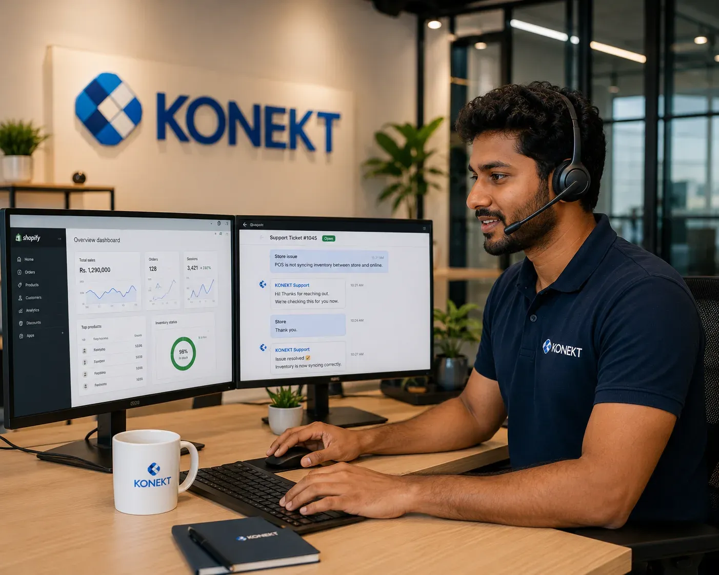 Konekt support engineer providing remote Shopify POS assistance from the Konekt office
