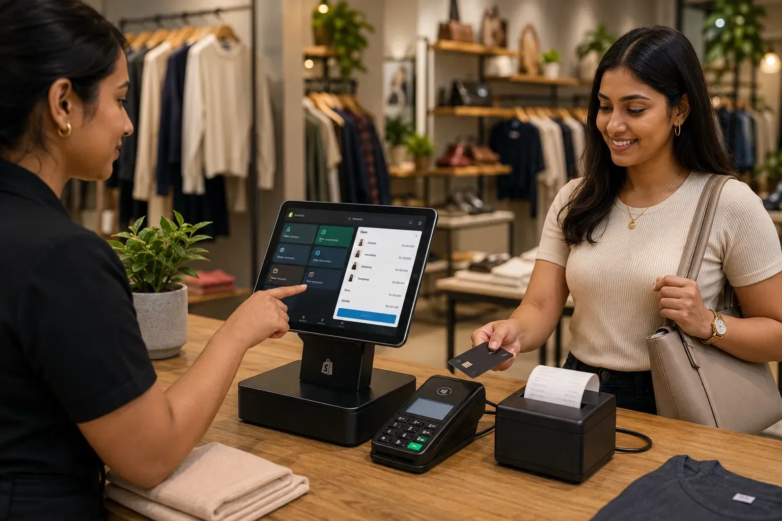 Customer completing a purchase using Shopify POS in a retail clothing store