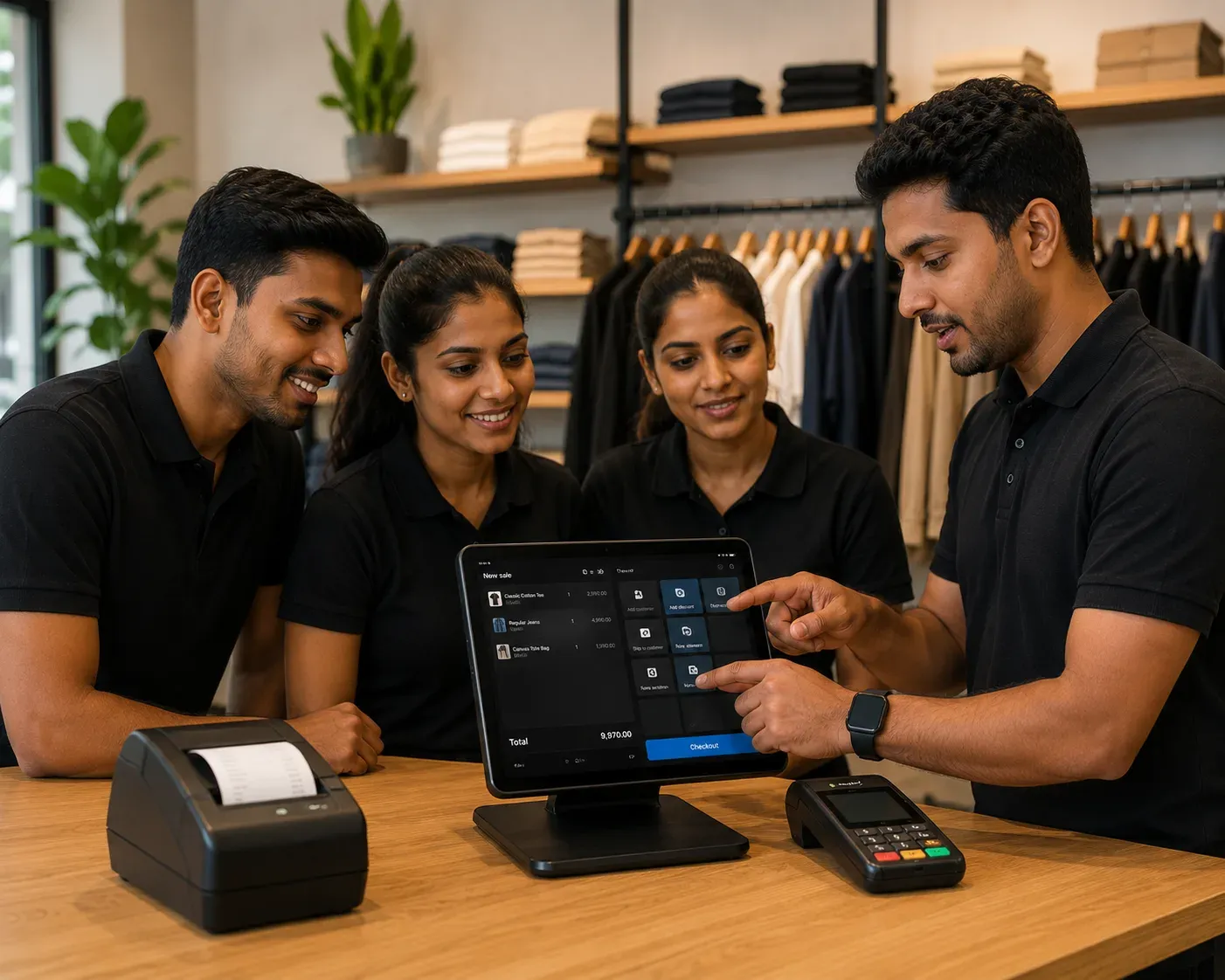 Sri Lankan retail staff learning to use Shopify POS during an in-store training session