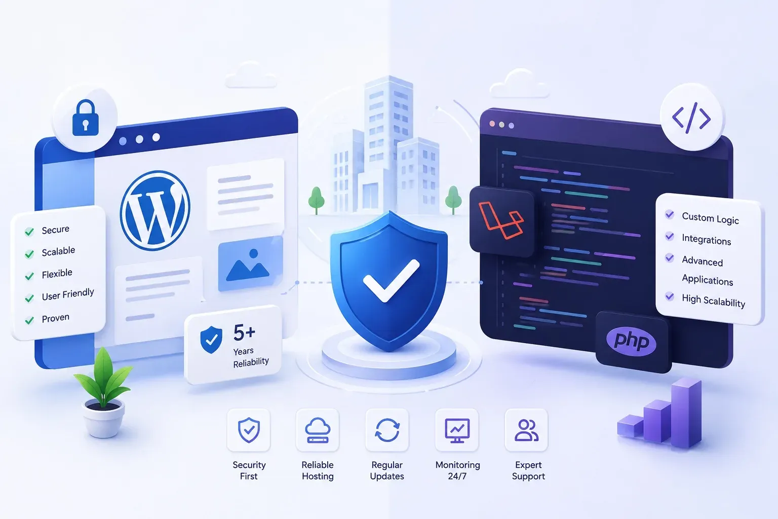 Modern SaaS style illustration comparing WordPress and Laravel website security for corporate websites